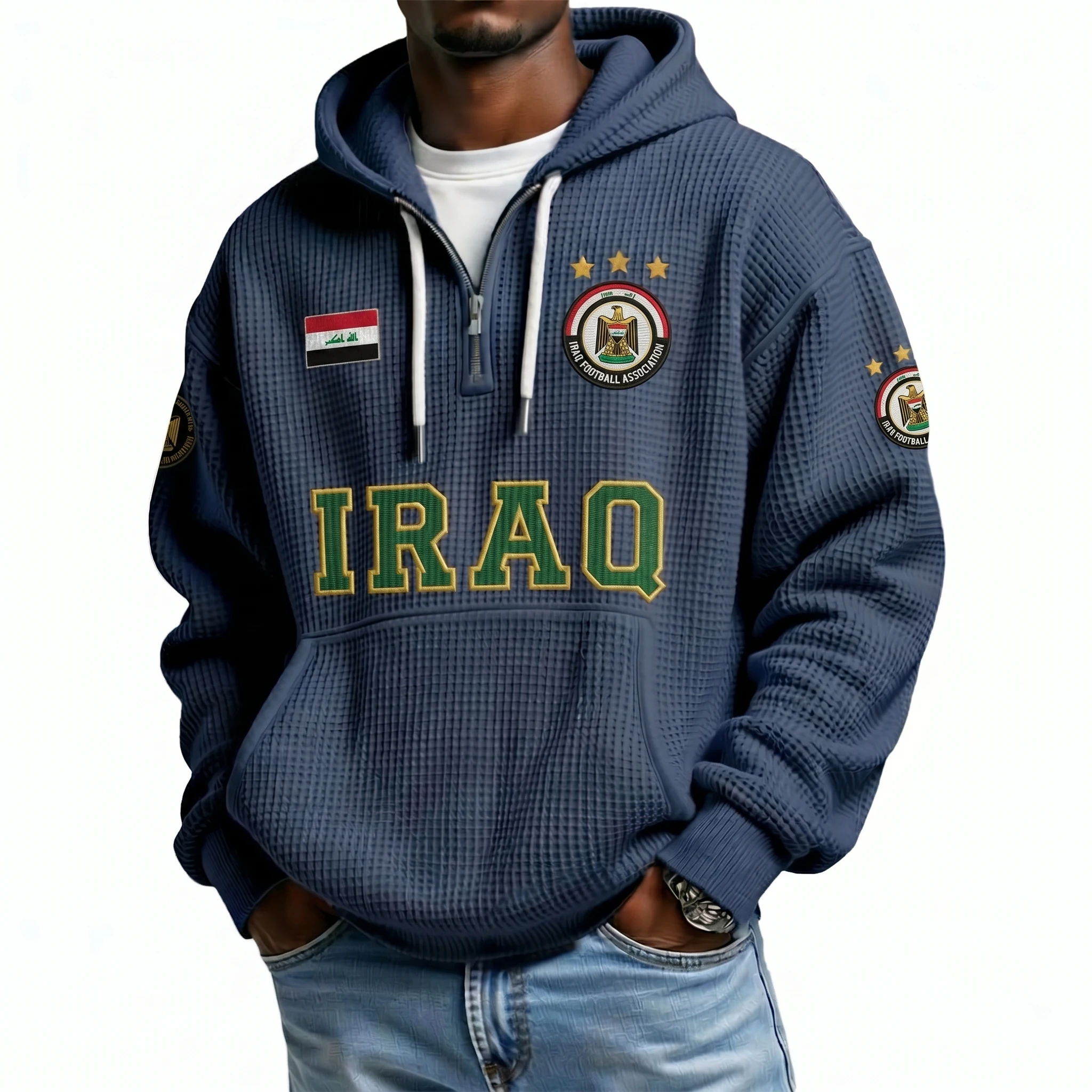 Iraq Printed Waffle Quarter Zip Football Fan Hoodie