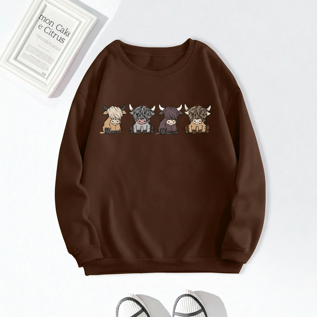 Apricot Cartoon Highland Cow Graphic Print Sweatshirt