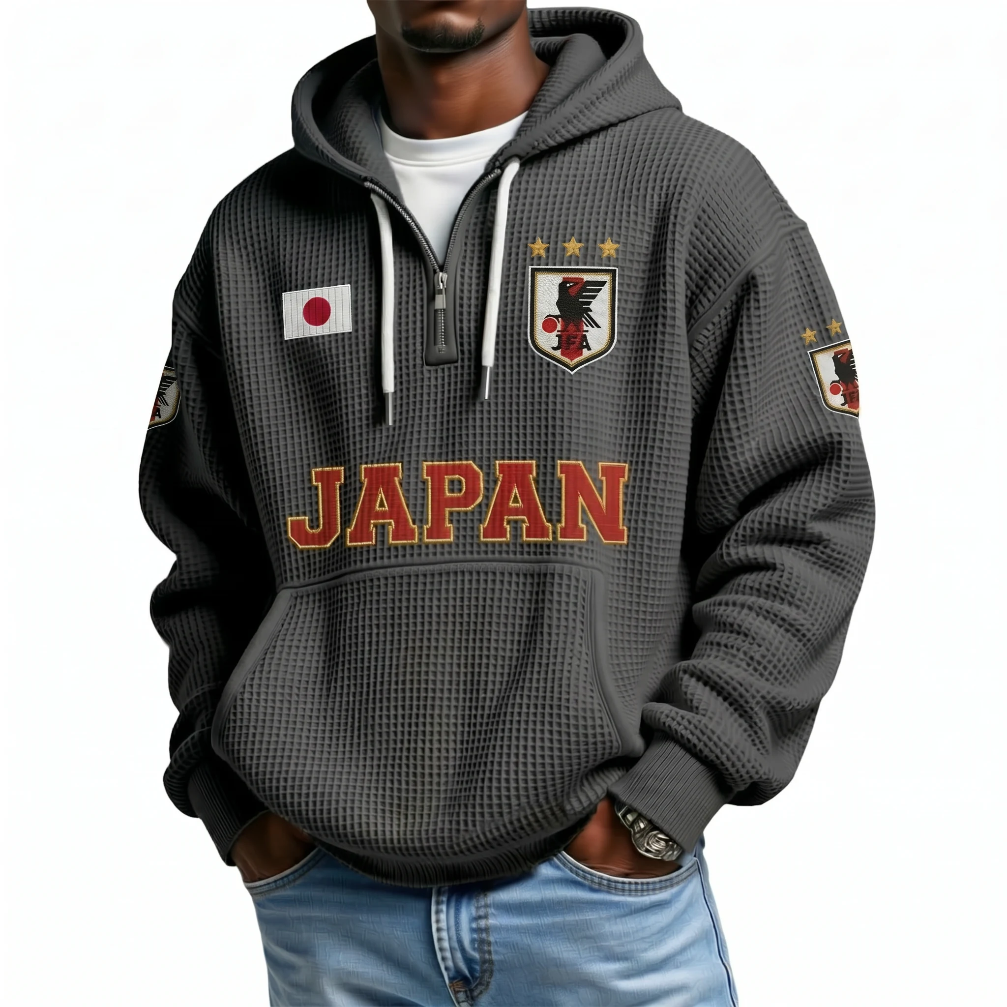 Japan Printed Waffle Quarter Zip Football Fan Hoodie