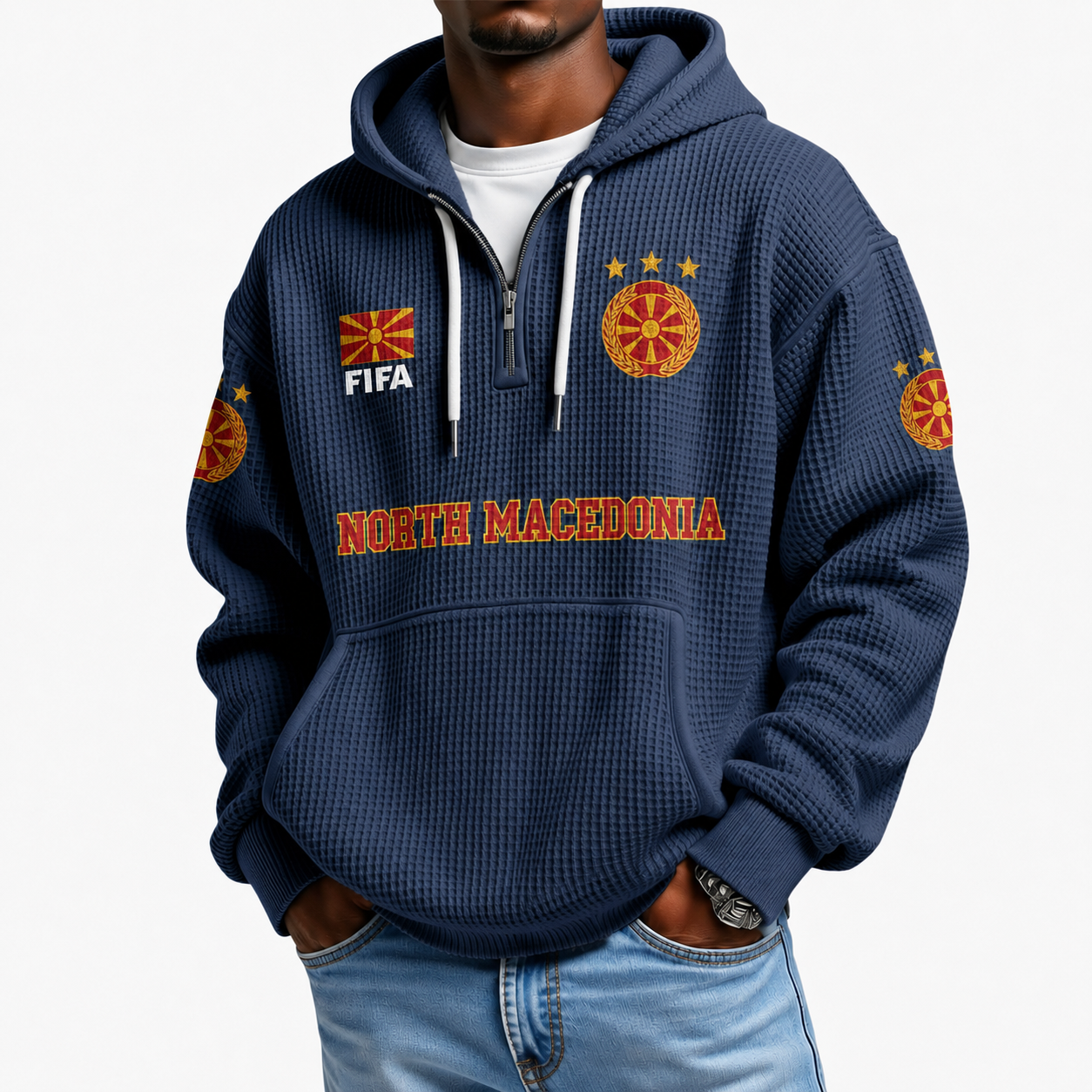 FIFA 2026 North Macedonia Printed Waffle Quarter Zip Football Fan Hoodie