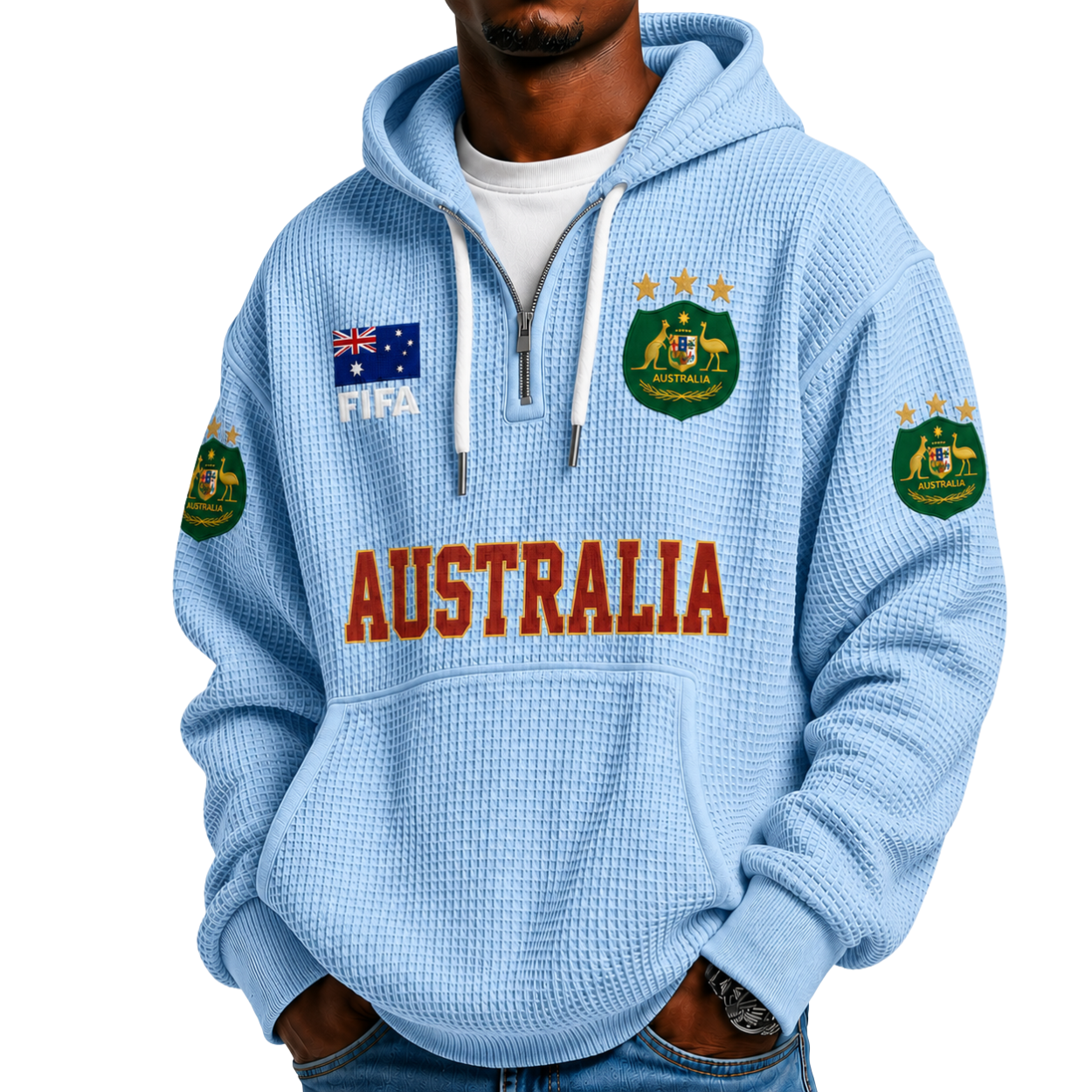 FIFA 2026 Australia Printed Waffle Quarter Zip Football Fan Hoodie