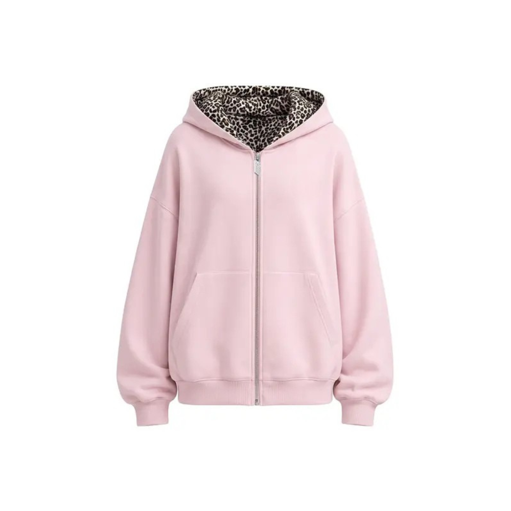 Leopard Print Oversized Cropped Zip Up Hoodie