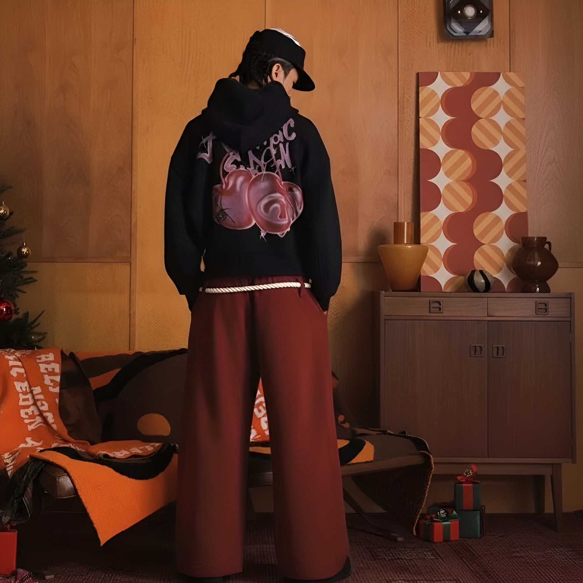 Goth Style Zip Hoodie With Spider And Cherry Print