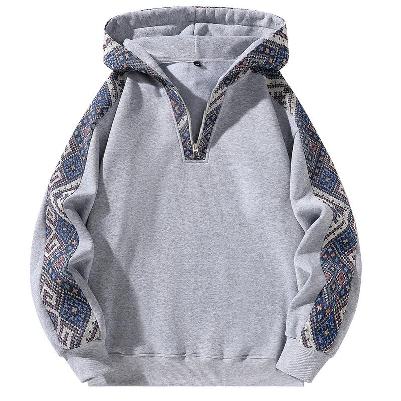 Retro Color Block Quarter Zip Knit Fitted Casual Pullover Hoodie For Men