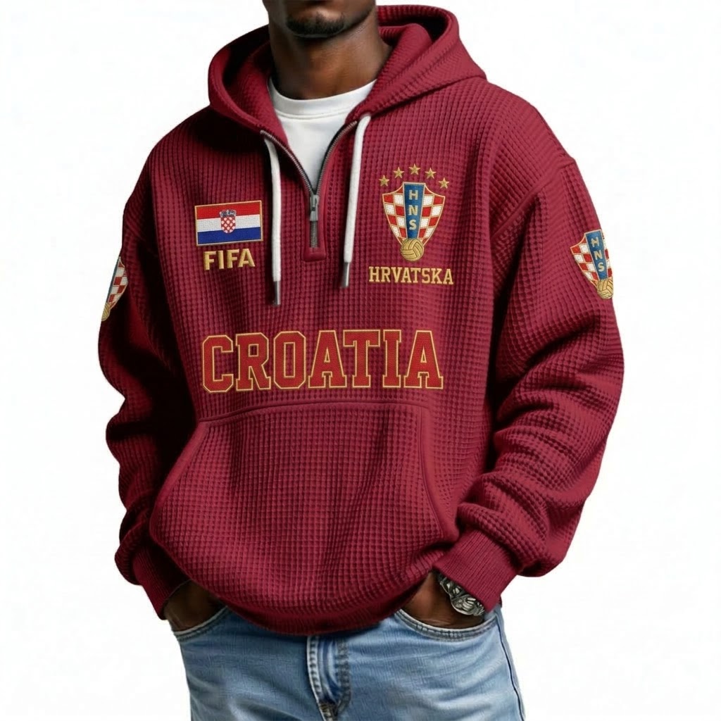 FIFA 2026 Croatia Printed Waffle Quarter Zip Football Fan Hoodie