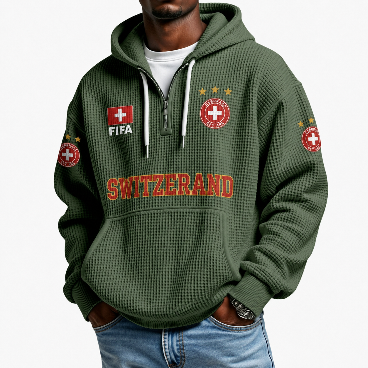 FIFA 2026 Switzerland Printed Waffle Quarter Zip Football Fan Hoodie