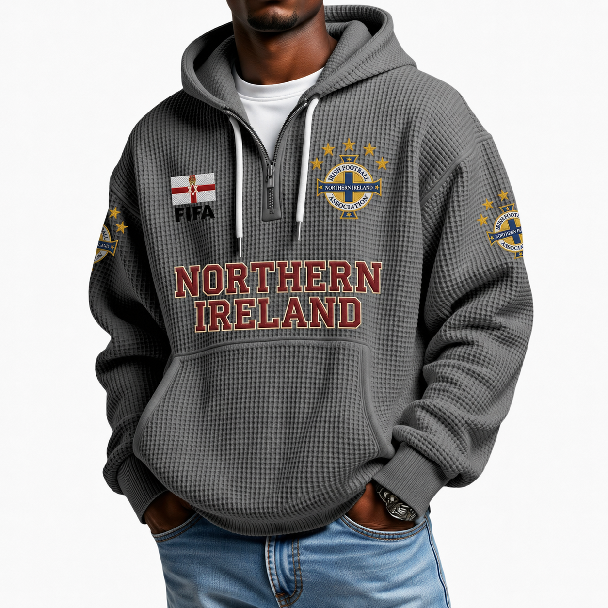 FIFA 2026 Northern Ireland Printed Waffle Quarter Zip Football Fan Hoodie