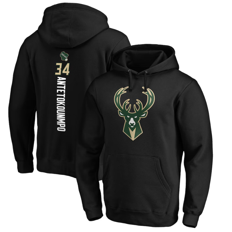 Men's Milwaukee Bucks Giannis Antetokounmpo Black Playmaker Name & Number Pullover Hoodie