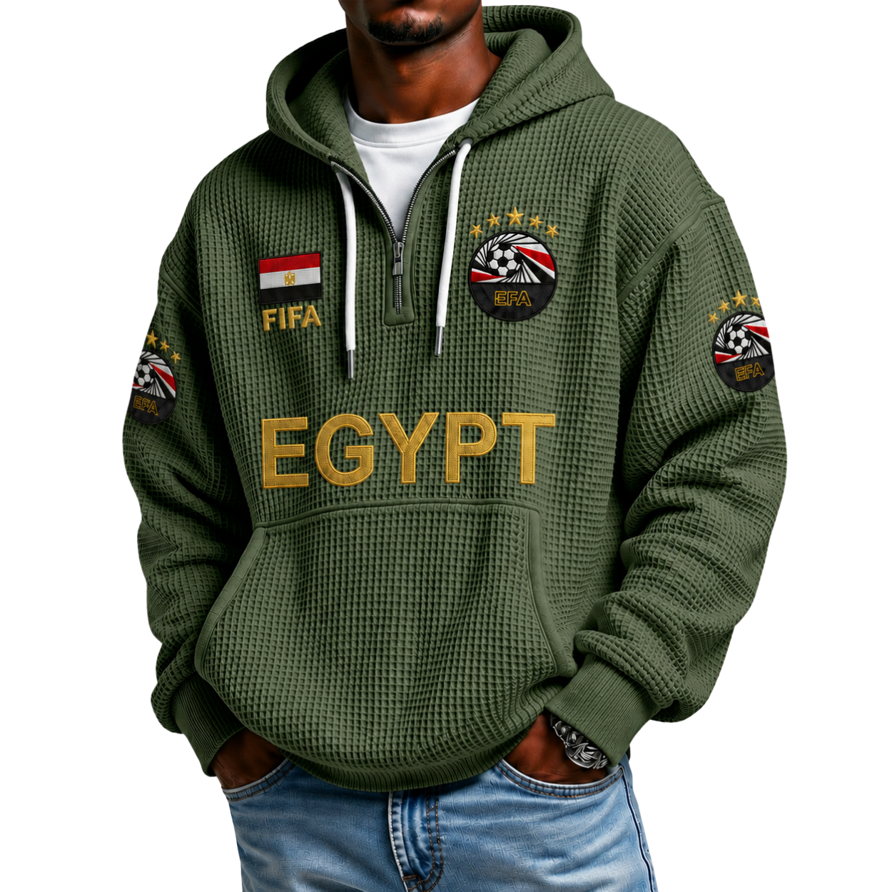 FIFA 2026 Egypt Printed Waffle Quarter Zip Football Fan Hoodie