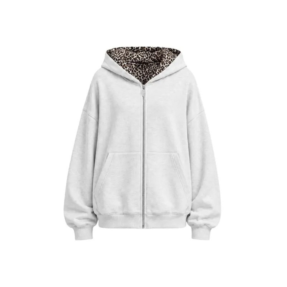 Leopard Print Oversized Cropped Zip Up Hoodie