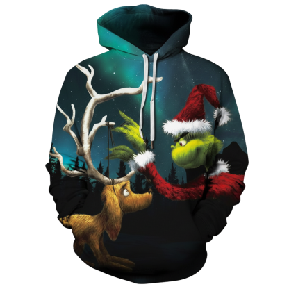 Christmas Pullover Hoodie With Santa And Deer Graphic