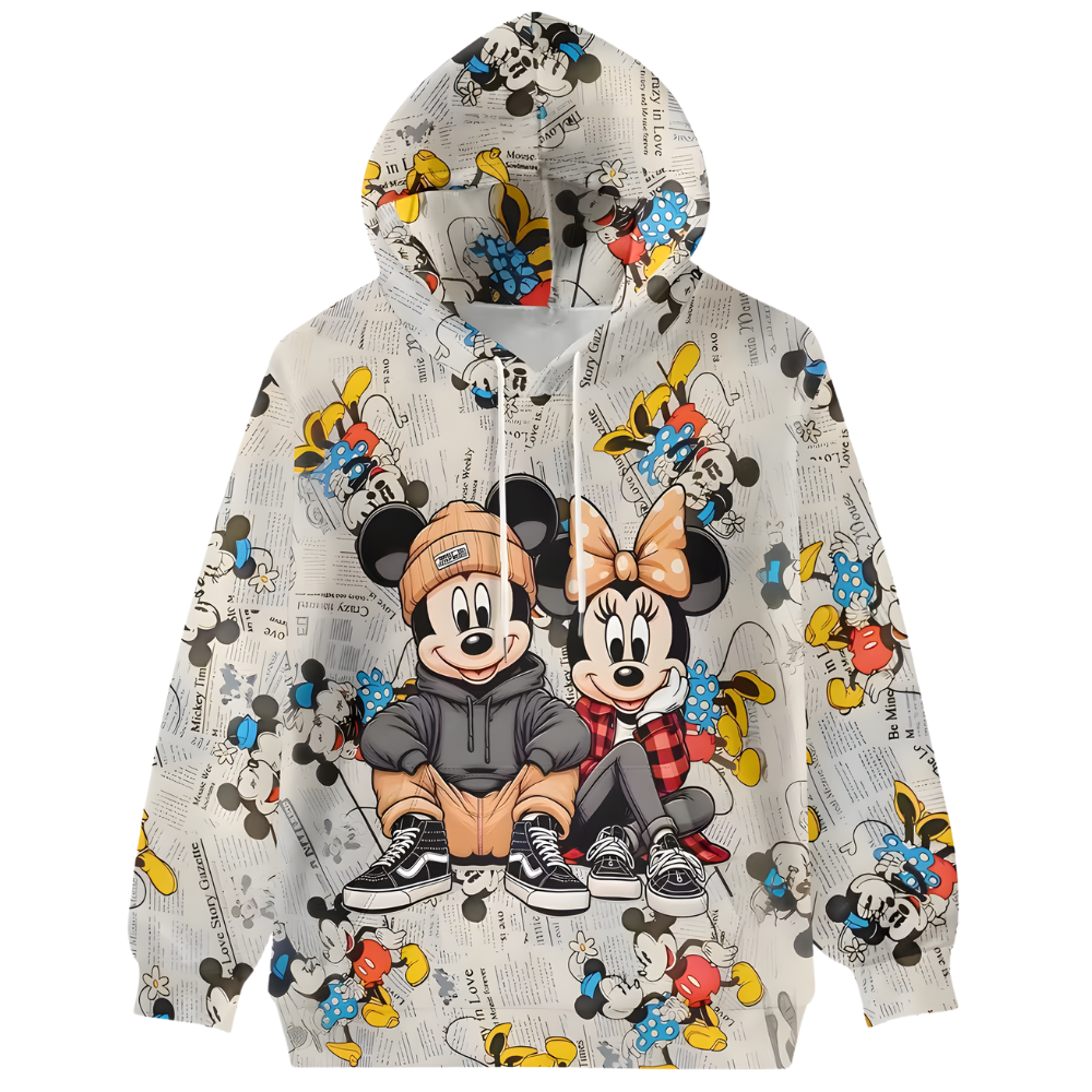 Mickey And Minnie Retro Newspaper Print Oversized Hoodie For Womens