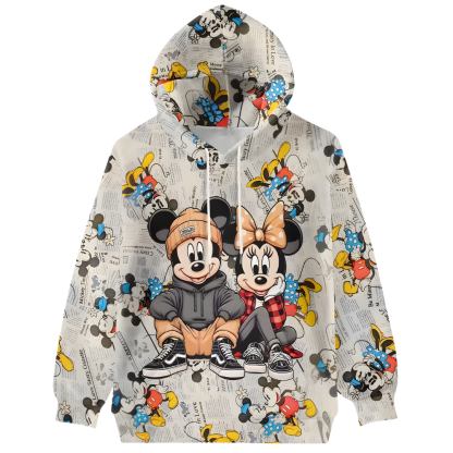 Mickey And Minnie Retro Newspaper Print Oversized Hoodie For Womens