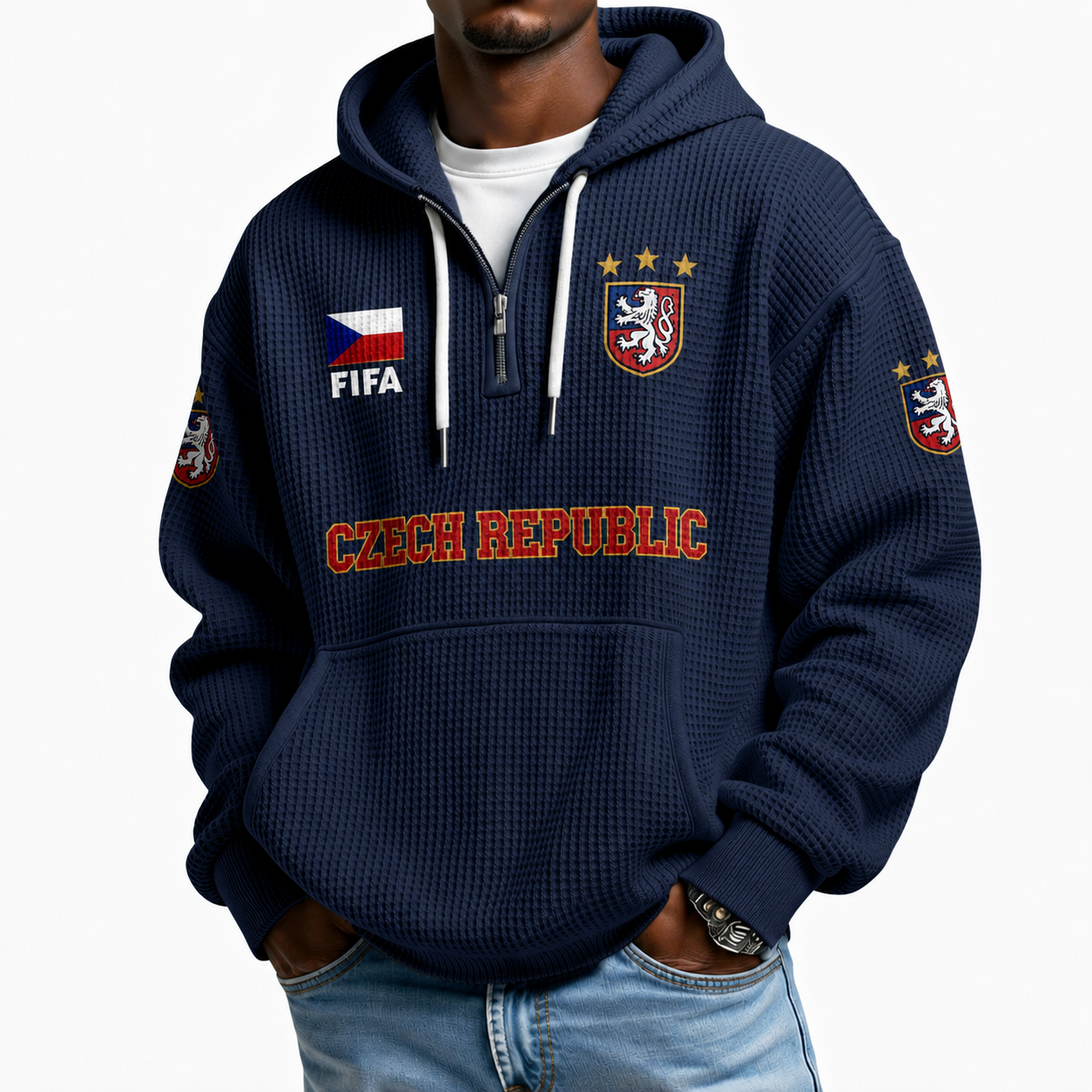 FIFA 2026 Czech Republic Printed Waffle Quarter Zip Football Fan Hoodie