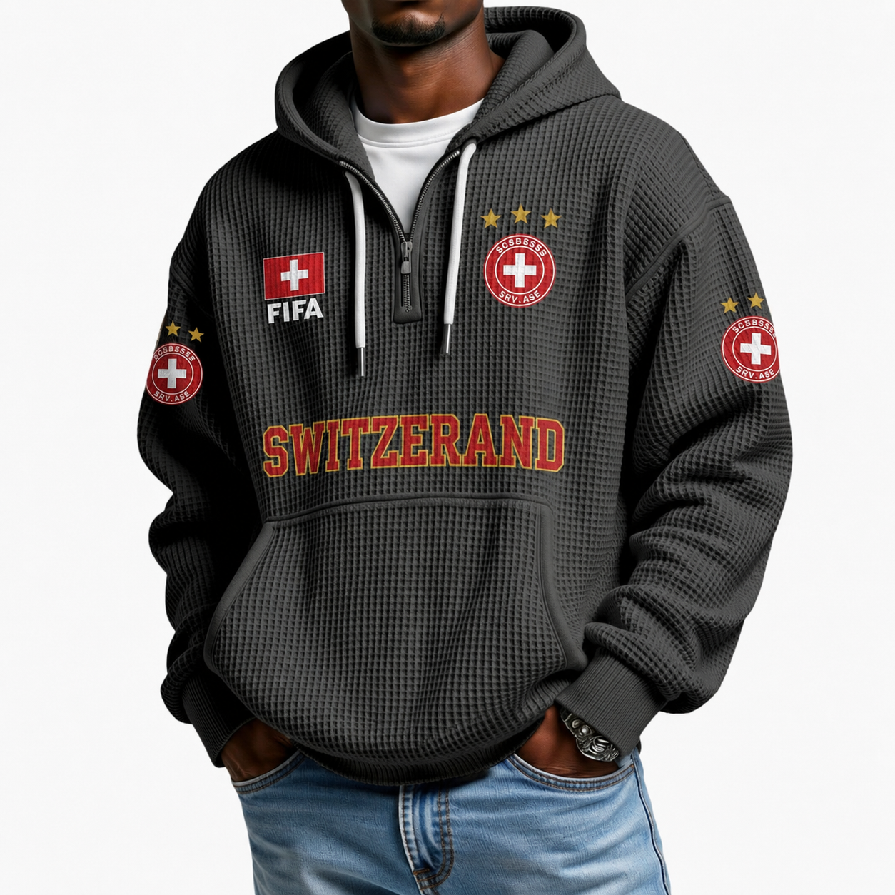FIFA 2026 Switzerland Printed Waffle Quarter Zip Football Fan Hoodie