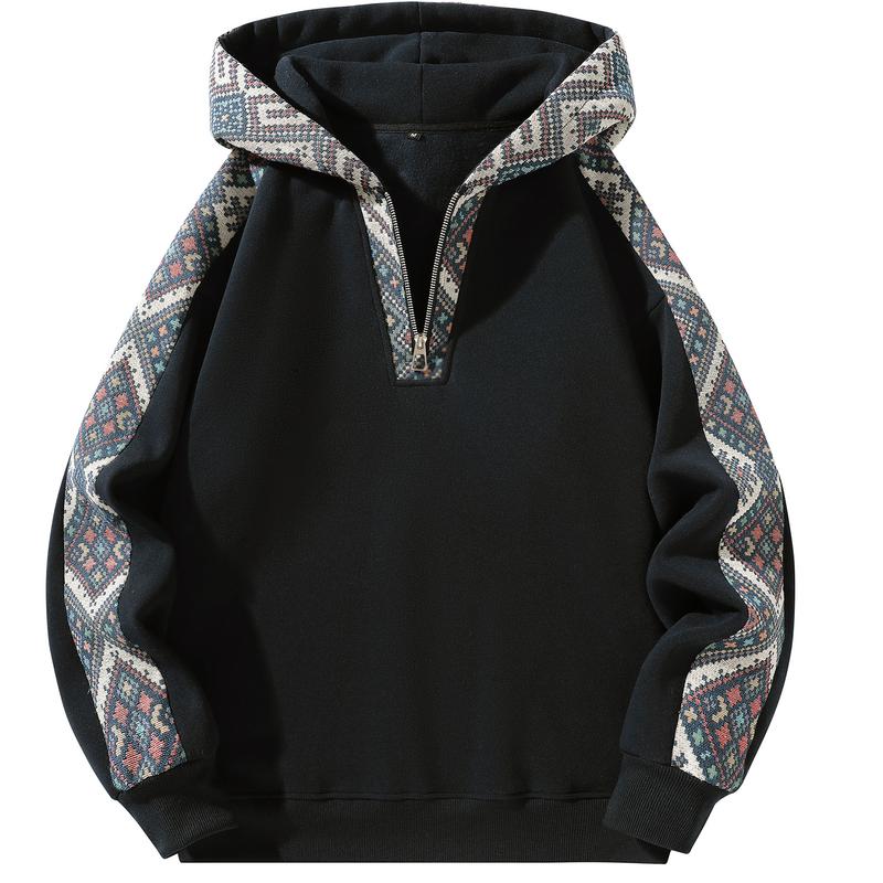 Retro Color Block Quarter Zip Knit Fitted Casual Pullover Hoodie For Men