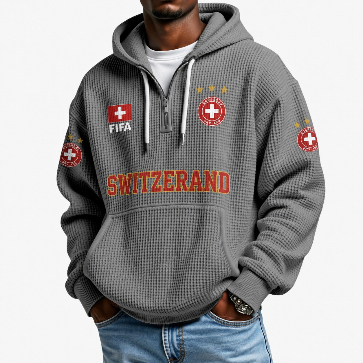 FIFA 2026 Switzerland Printed Waffle Quarter Zip Football Fan Hoodie