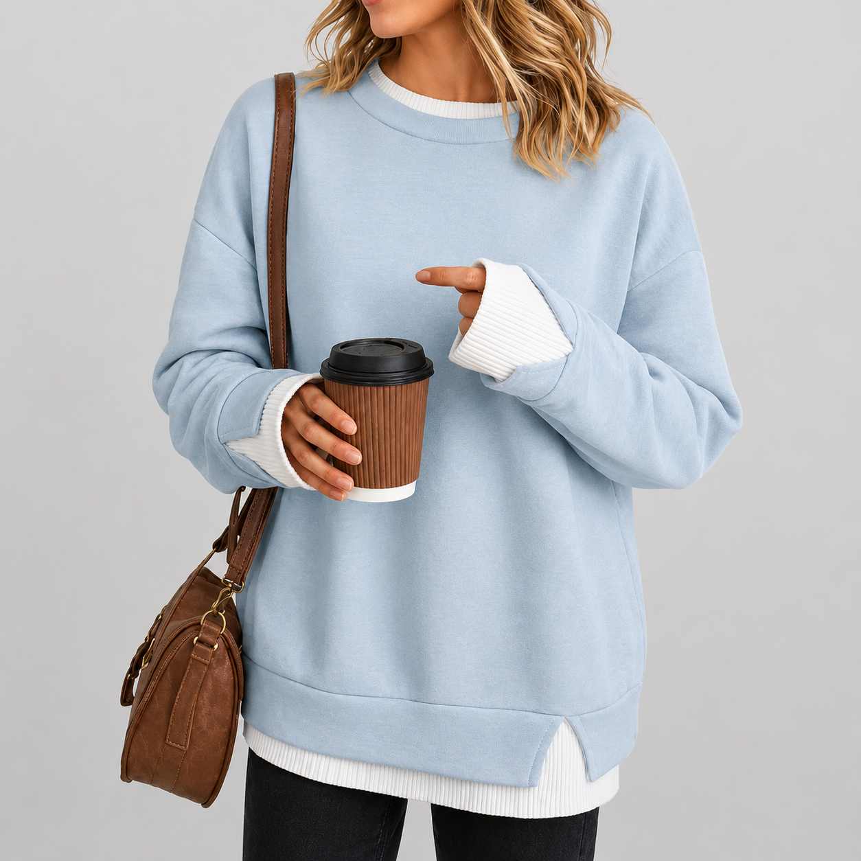 Casual Oversized Long Ribbed Layered Crew Sleeve Drop Sweatshirt For Women