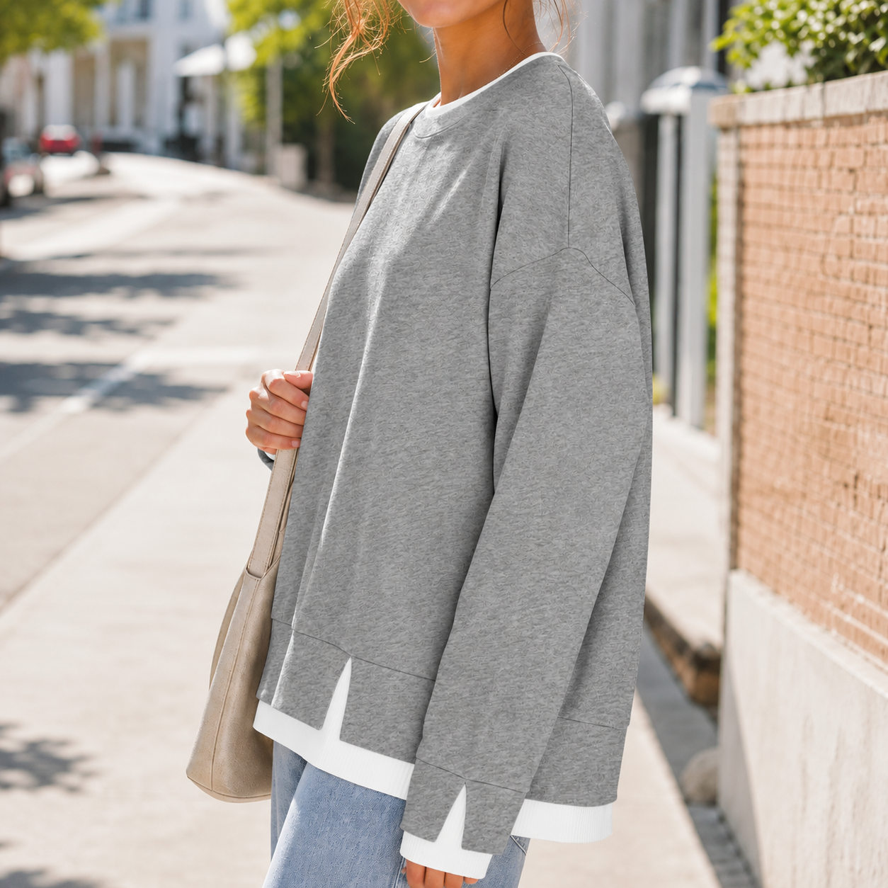 Casual Oversized Long Ribbed Layered Crew Sleeve Drop Sweatshirt For Women