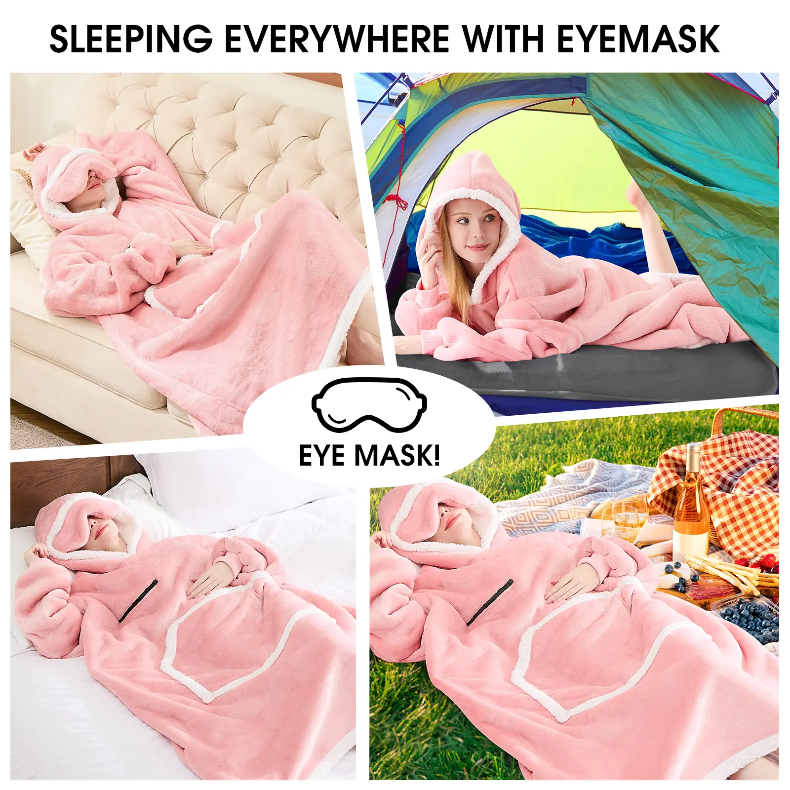 Eyemask Sleeping Oversized Long Wearable Blanket Hoodie for Adult One Size