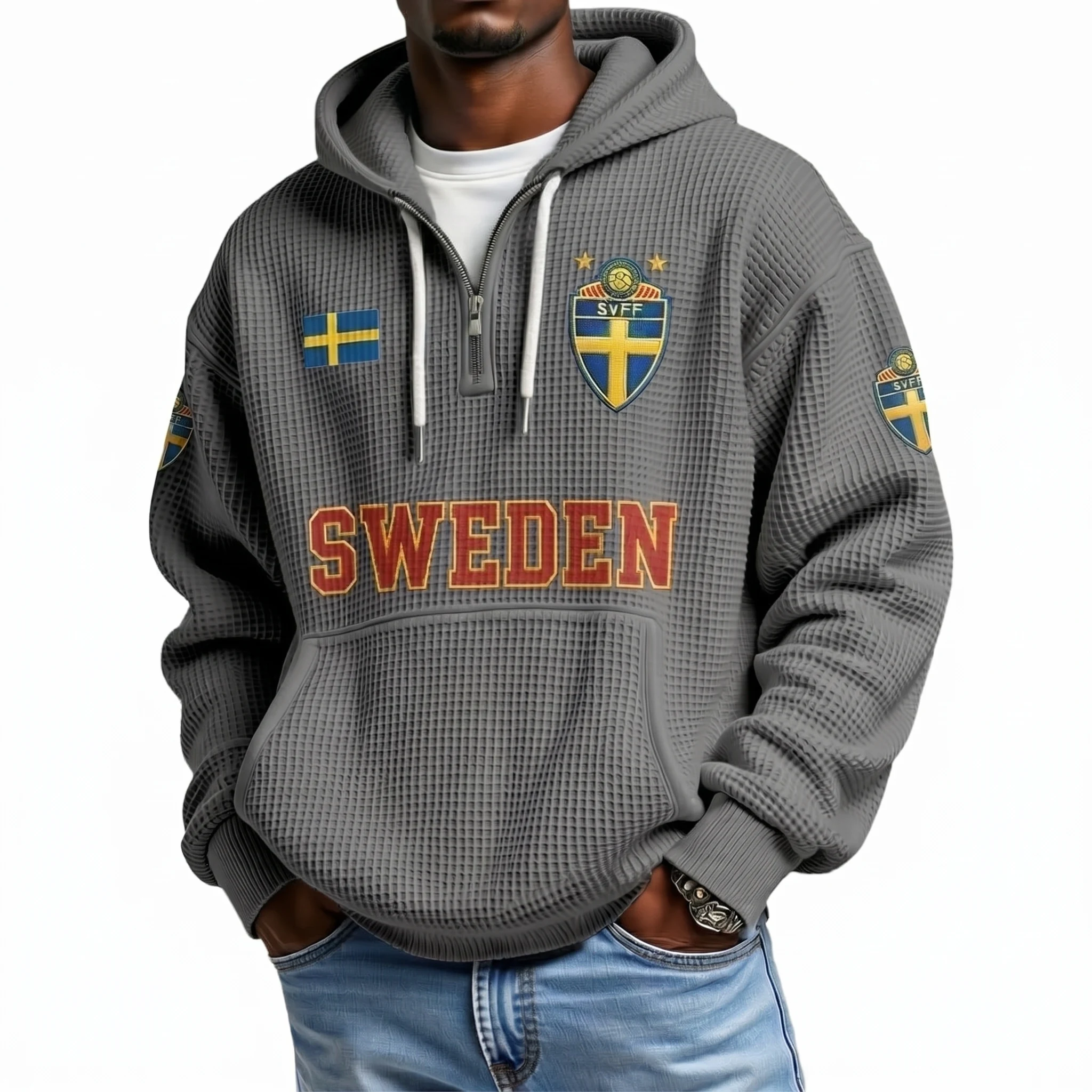 Sweden Printed Waffle Quarter Zip Football Fan Hoodie