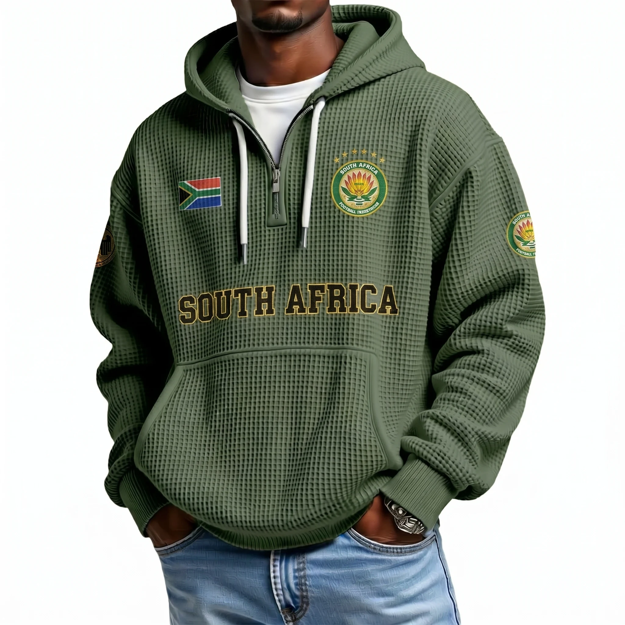 South Africa Printed Waffle Quarter Zip Football Fan Hoodie