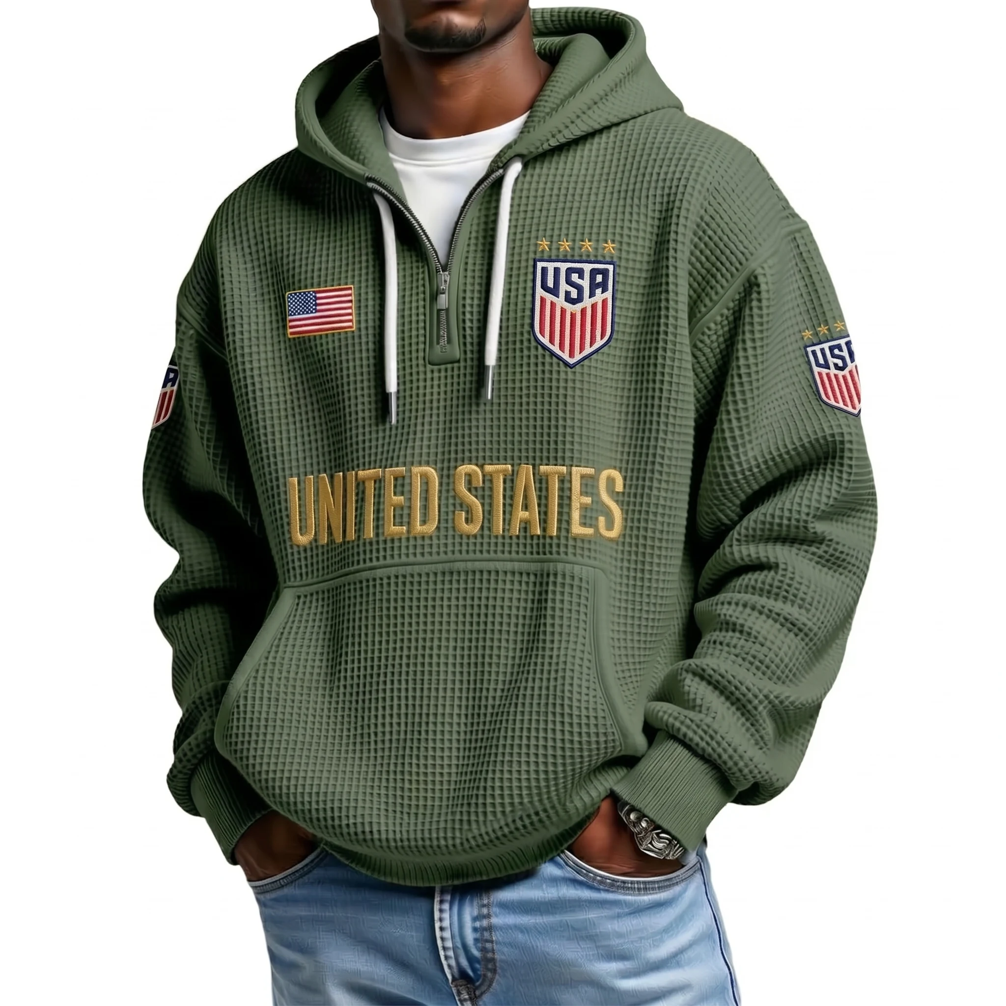 United States Printed Waffle Quarter Zip Football Fan Hoodie
