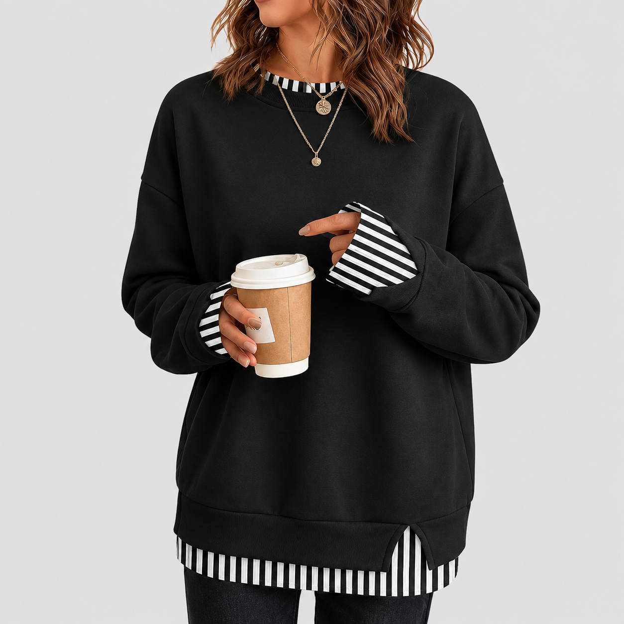 Casual Oversized Long Ribbed Layered Crew Sleeve Drop Sweatshirt For Women