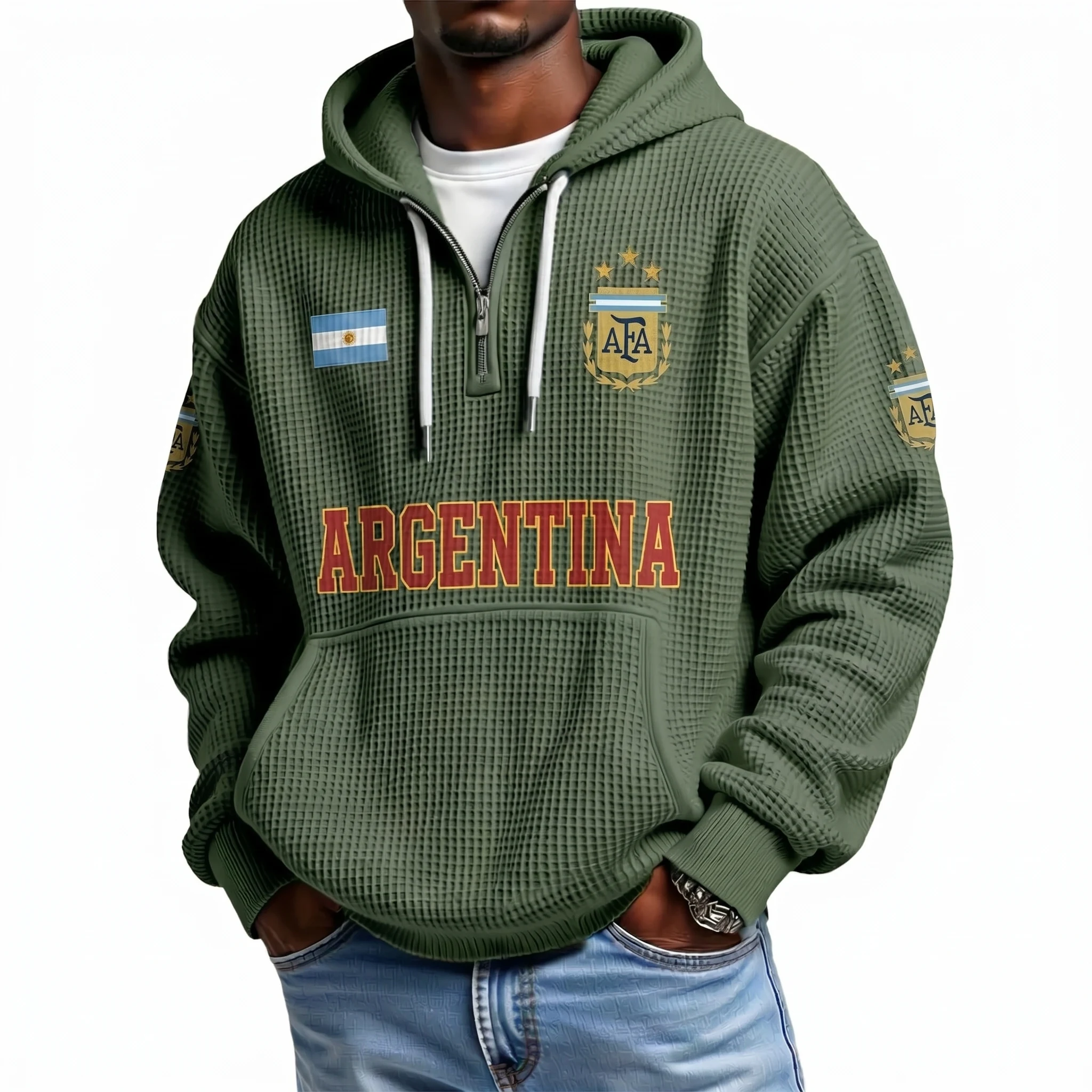 Argentina Printed Waffle Quarter Zip Football Fan Hoodie