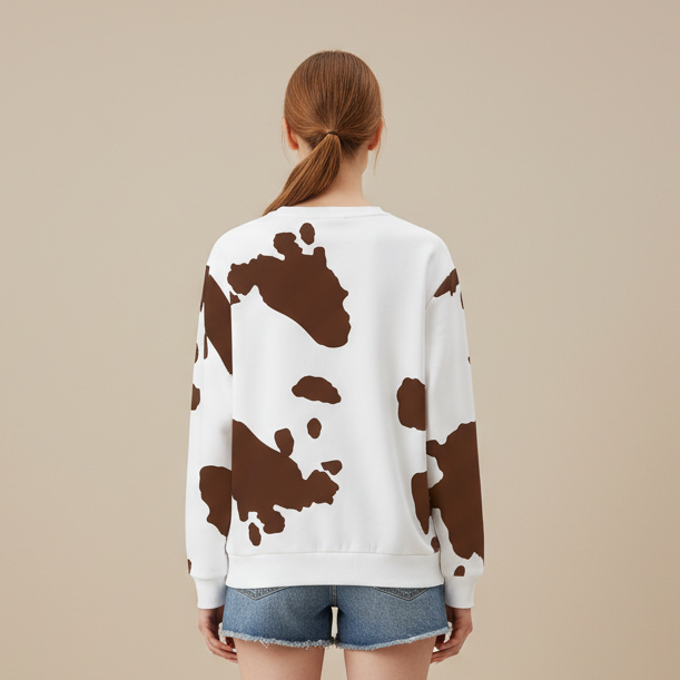 Cow Print Long Sleeve Casual Crew Sweatshirt 