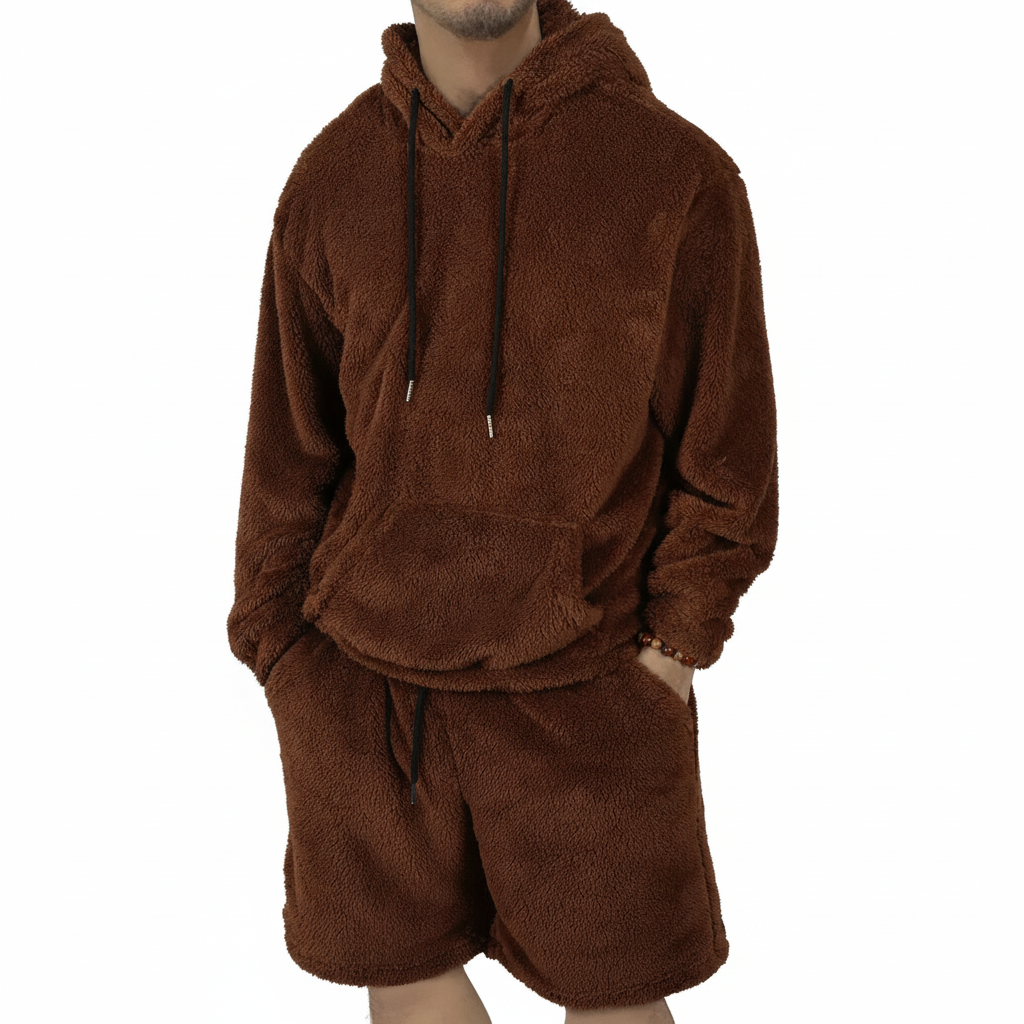 Men Fleece Pullover Hoodie And Shorts Set