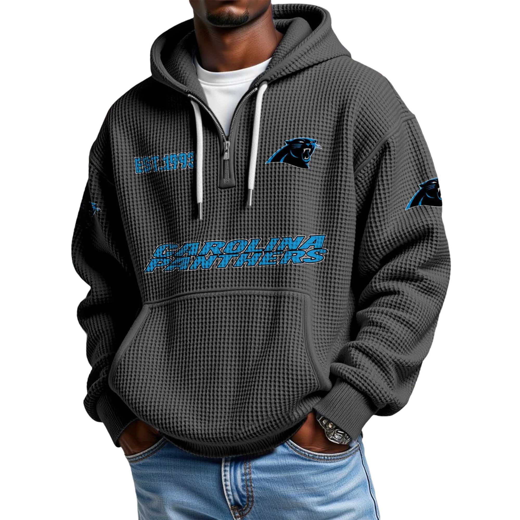 Carolina Panthers EST 1993 Printed Quarter Zip Waffle Football Fan Hoodie