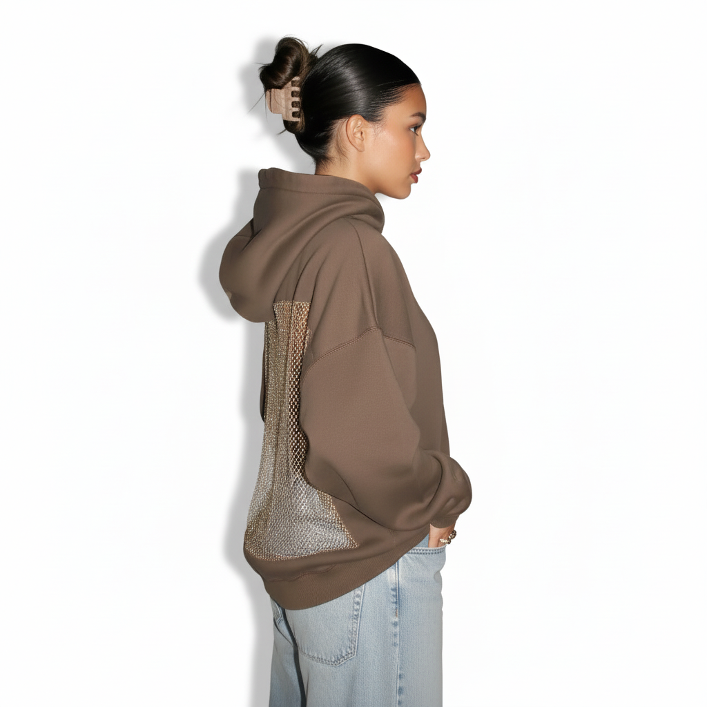 Fashionable Backstage Hoodie With Crystal Mesh Detail