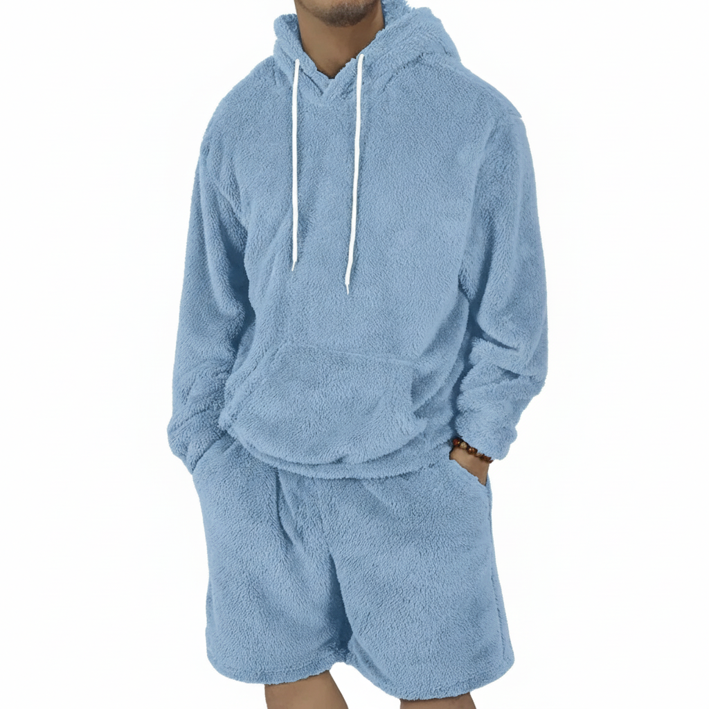 Men Fleece Pullover Hoodie And Shorts Set