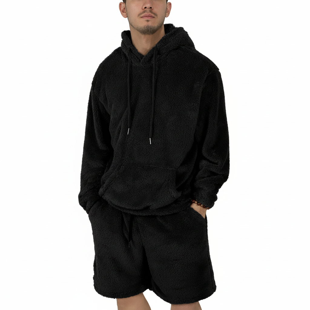 Men Fleece Pullover Hoodie And Shorts Set