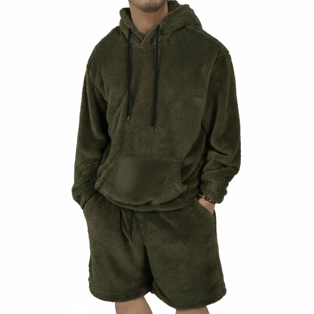 Men Fleece Pullover Hoodie And Shorts Set