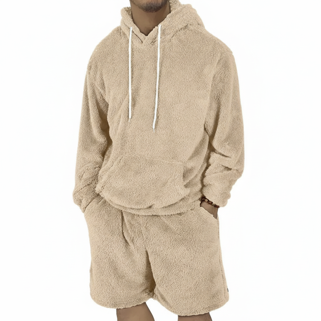 Men Fleece Pullover Hoodie And Shorts Set