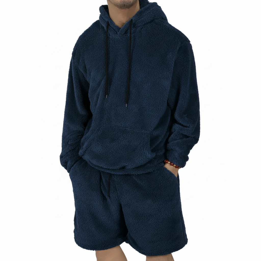 Men Fleece Pullover Hoodie And Shorts Set