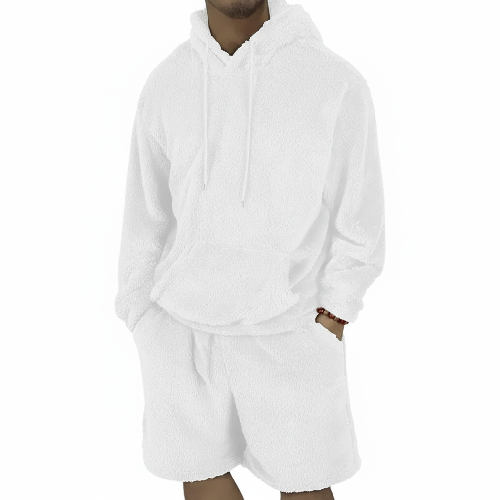 Men Fleece Pullover Hoodie And Shorts Set