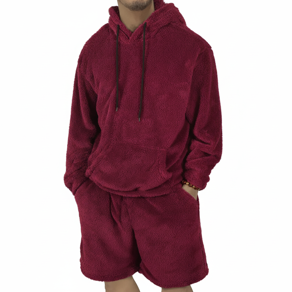 Men Fleece Pullover Hoodie And Shorts Set