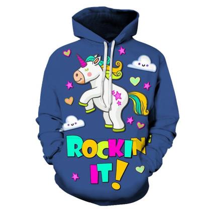 Blue Unicorn Cartoon 3D - Sweatshirt, Hoodie, Pullover-My 3D Hoodie