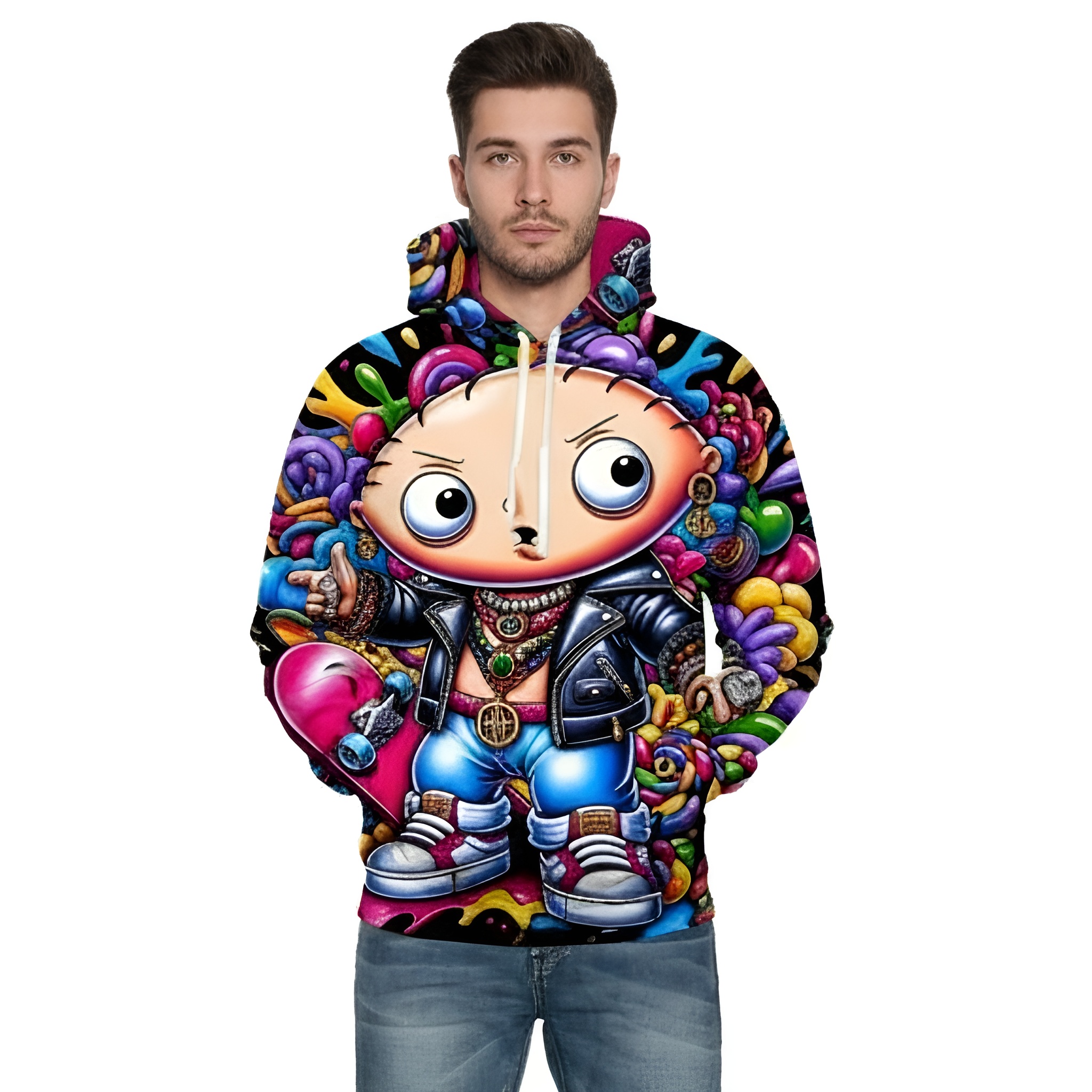 Casual Cartoon Printed Hoodie With Kangaroo Pocket
