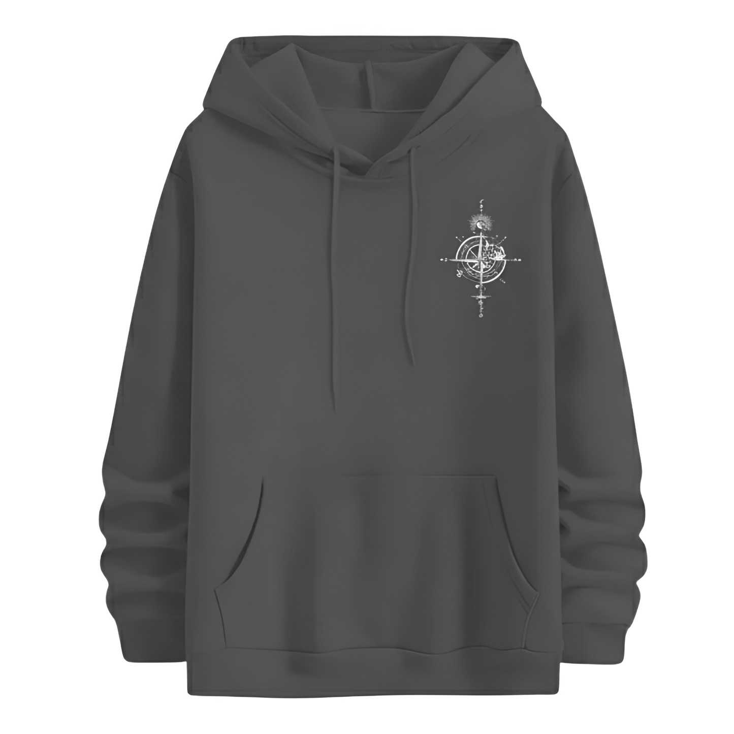 Casual Loose Fit Hoodie With Compass And Mountain Graphic Print For Men