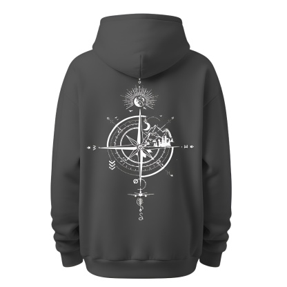 Casual Loose Fit Hoodie With Compass And Mountain Graphic Print For Men