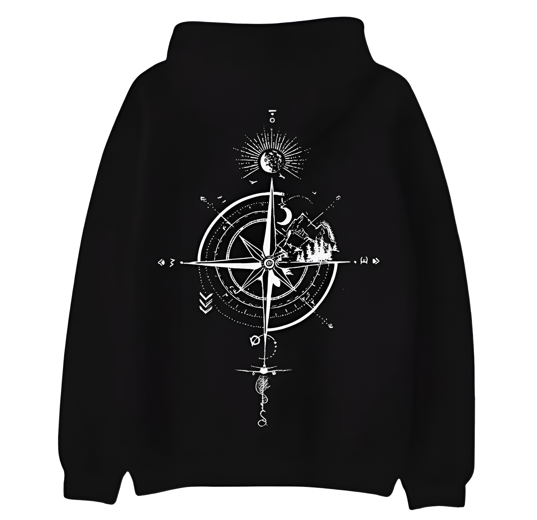 Casual Loose Fit Hoodie With Compass And Mountain Graphic Print For Men