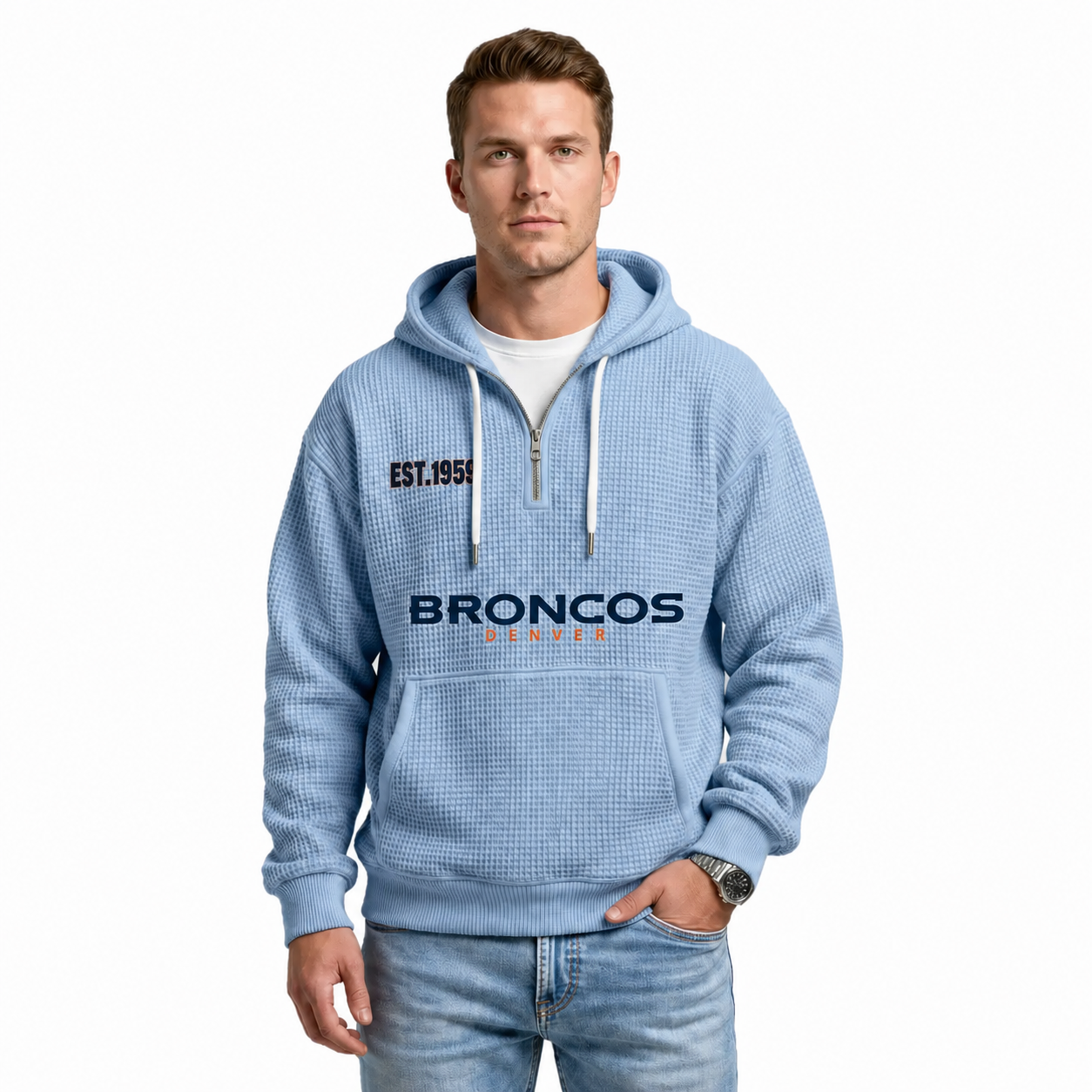 Denver Broncos EST 1959 Printed Quarter Zip Hoodie