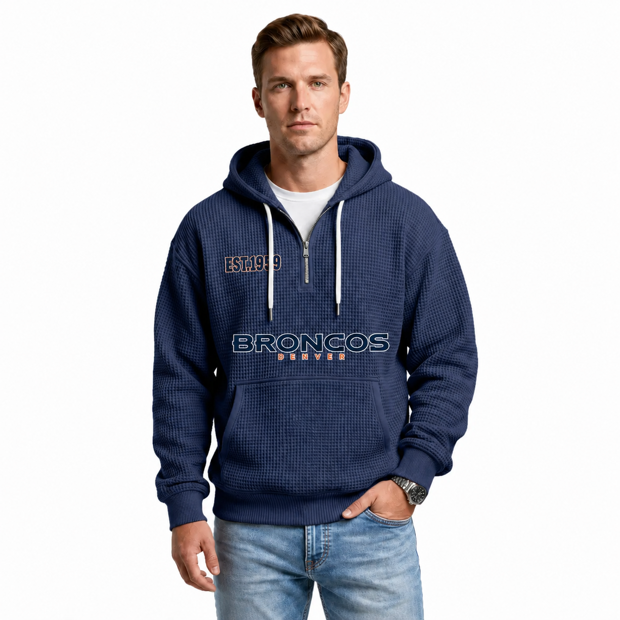 Denver Broncos EST 1959 Printed Quarter Zip Hoodie