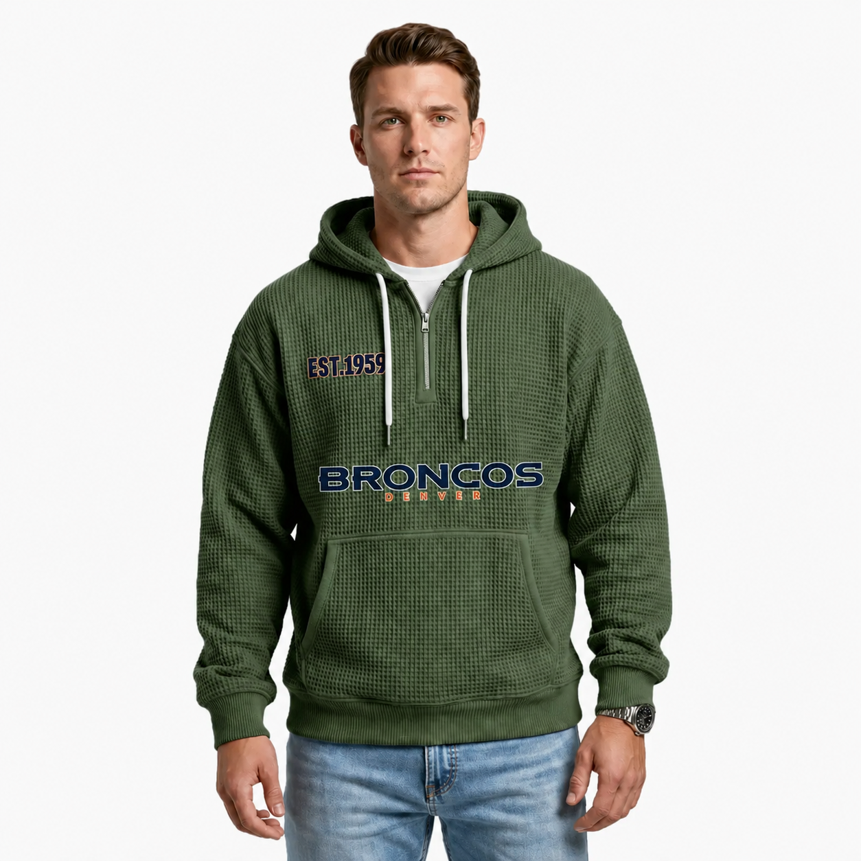 Denver Broncos EST 1959 Printed Quarter Zip Hoodie