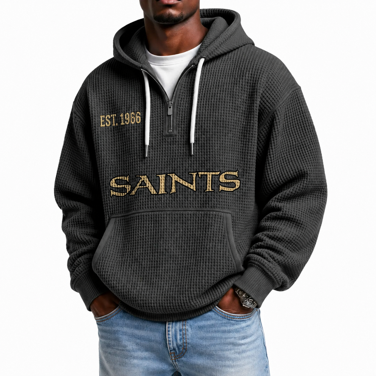 New Orleans Saints EST 1966 Waffle Quarter Zip Football Fan Hoodie