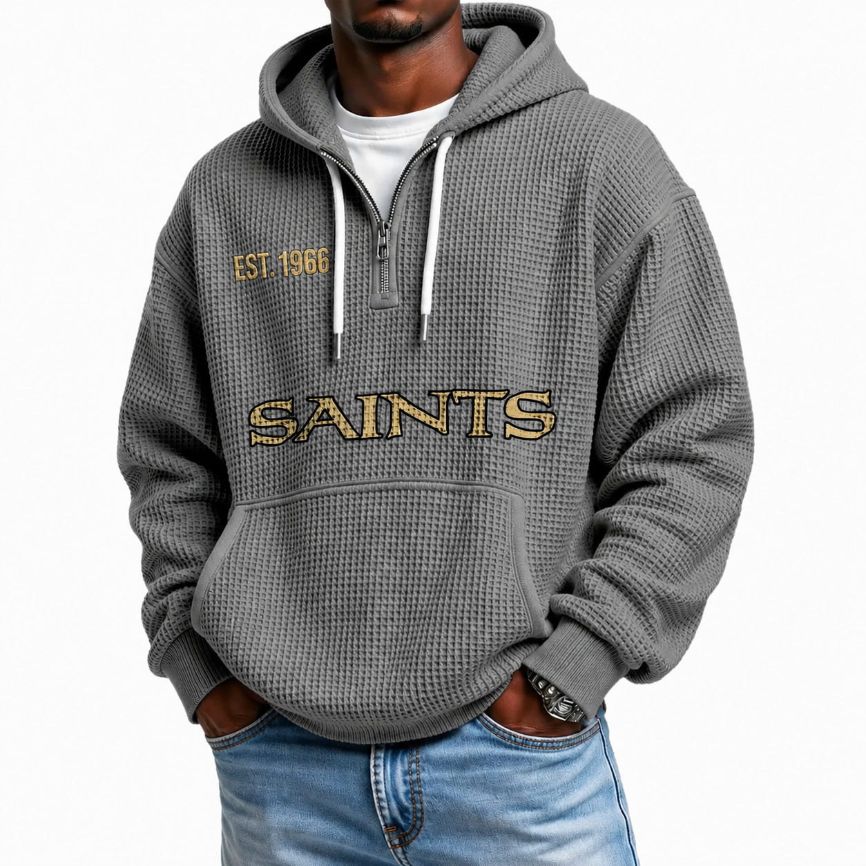 New Orleans Saints EST 1966 Waffle Quarter Zip Football Fan Hoodie